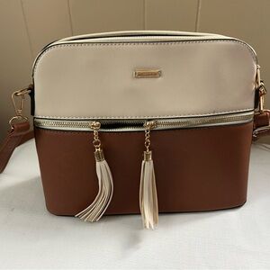 Cream and Brown Tassel Crossbody Bag with Gold Hardware